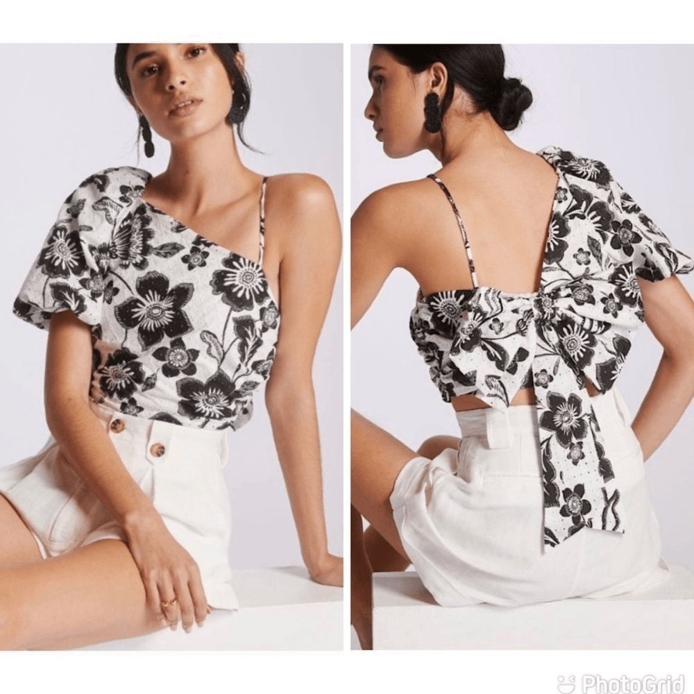 Maeve Anthropologie Floral Eyelet One-Shoulder Puff Sleeve Bow Blouse Size 6